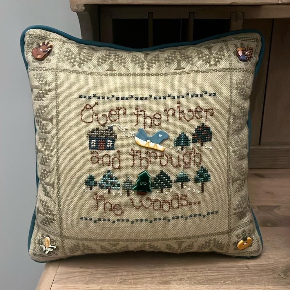 Embroidered Thanksgiving Pillow Handmade “Over the River and Through the Woods”